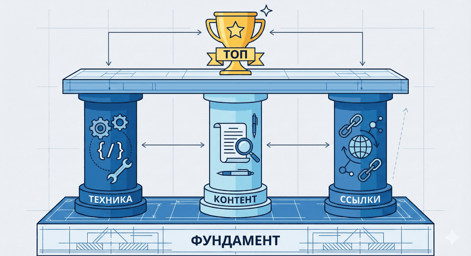 SEO-стратегия 2026: 8 шагов к успешному продвижению сайта в ТОП Google 2 Три фундаментальных фактора SEO: техническая оптимизация, контент и ссылочная масса